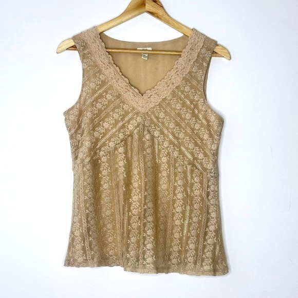 Vintage Y2K babydoll J Jill Lace Tank Top ]Floral Sleeveless Tan Women's Size S - Picture 1 of 12
